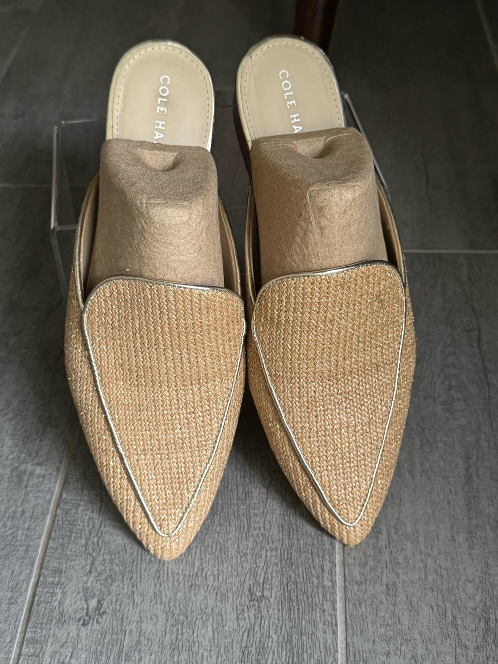 Cole Haan Tan Raffia Pointed-Toe Slip-On Mules with Metallic Trim